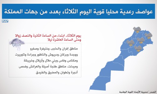 عواصف رعدية محليا قوية اليوم الثلاثاء بعدد من جهات المملكة (نشرة إنذارية)