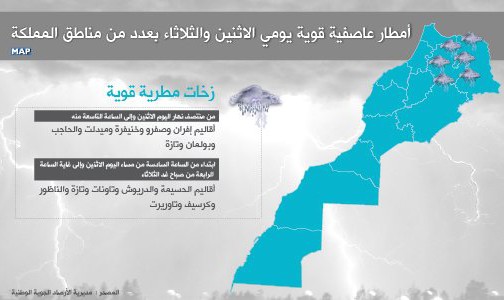 أمطار عاصفية قوية يومي الاثنين والثلاثاء بعدد من مناطق المملكة (مديرية الأرصاد الجوية الوطنية)
