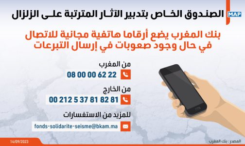 الصندوق الخاص بتدبير الآثار المترتبة على الزلزال: بنك المغرب يضع أرقاما هاتفية مجانية للاتصال في حال وجود صعوبات في إرسال التبرعات